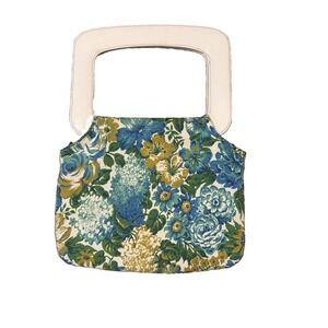 Vintage 1960s Garay Floral Canvas Handbag MCM Mod Psych Tote White Handle
